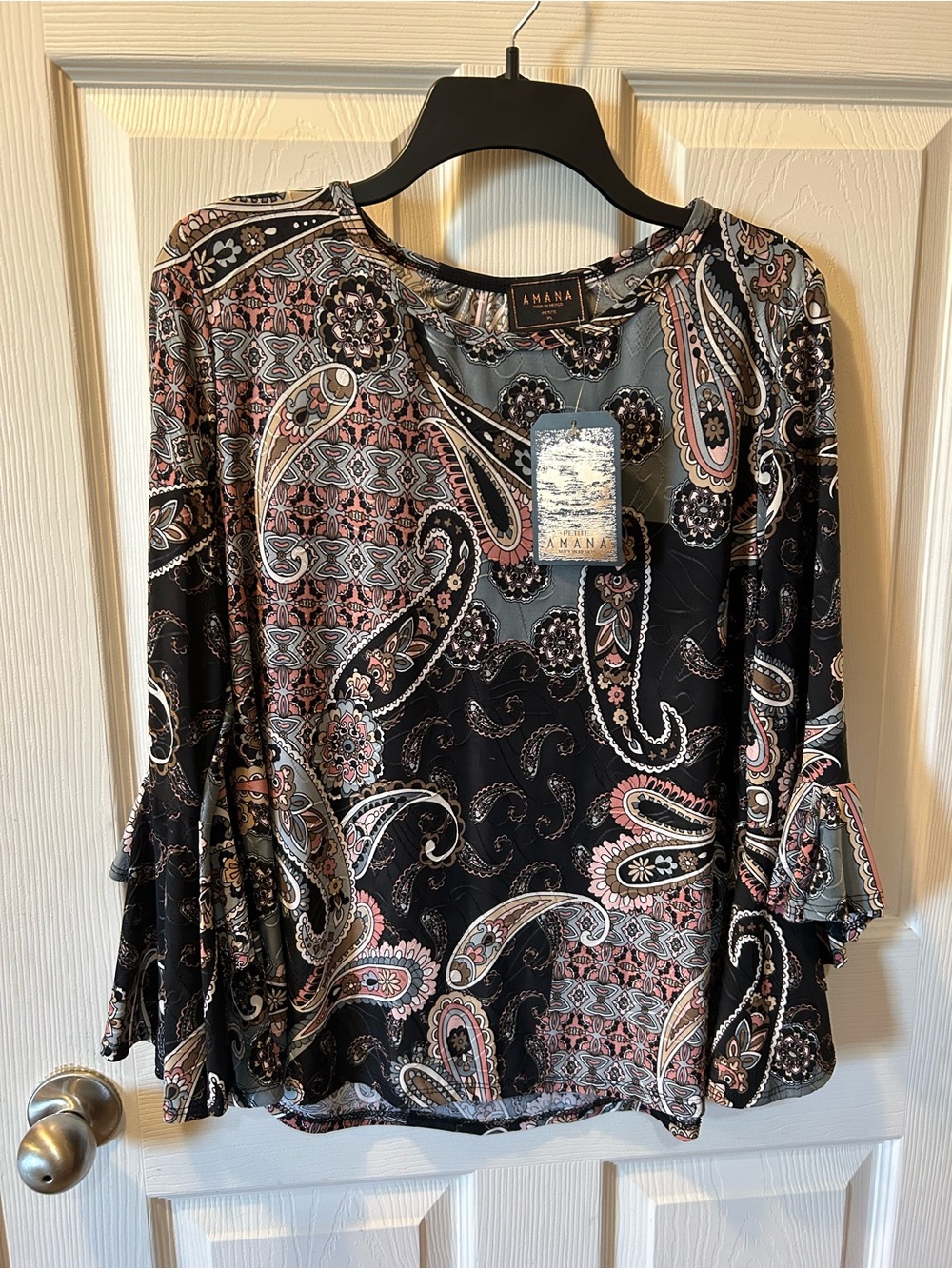Amana PL Petite Large Black Paisley 3/4 Bell Sleeve Blouse w/Pink & Gray Accents